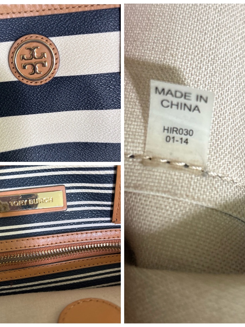 Tory Burch Navy and Cream Striped Tote with Tan Leather Accents - Picture 15 of 16